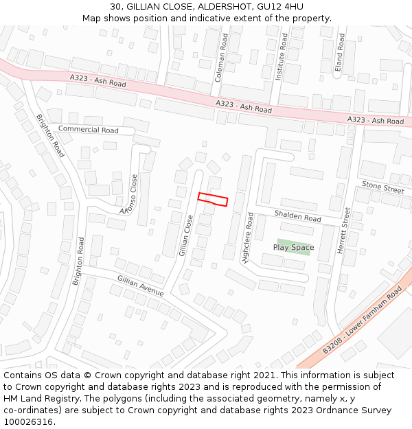 30, GILLIAN CLOSE, ALDERSHOT, GU12 4HU: Location map and indicative extent of plot