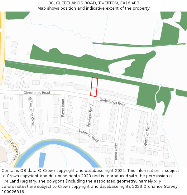 30, GLEBELANDS ROAD, TIVERTON, EX16 4EB: Location map and indicative extent of plot