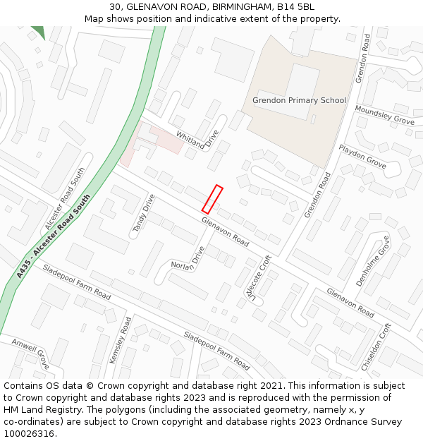 30, GLENAVON ROAD, BIRMINGHAM, B14 5BL: Location map and indicative extent of plot