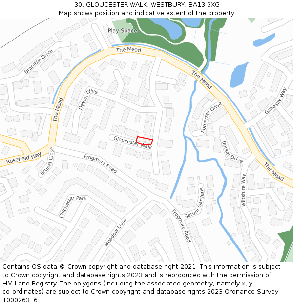 30, GLOUCESTER WALK, WESTBURY, BA13 3XG: Location map and indicative extent of plot