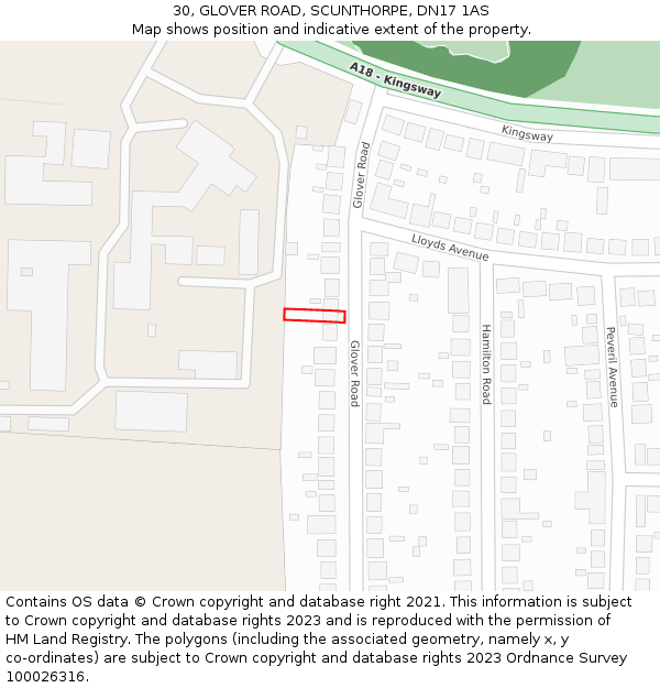 30, GLOVER ROAD, SCUNTHORPE, DN17 1AS: Location map and indicative extent of plot