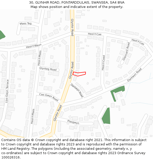 30, GLYNHIR ROAD, PONTARDDULAIS, SWANSEA, SA4 8NA: Location map and indicative extent of plot