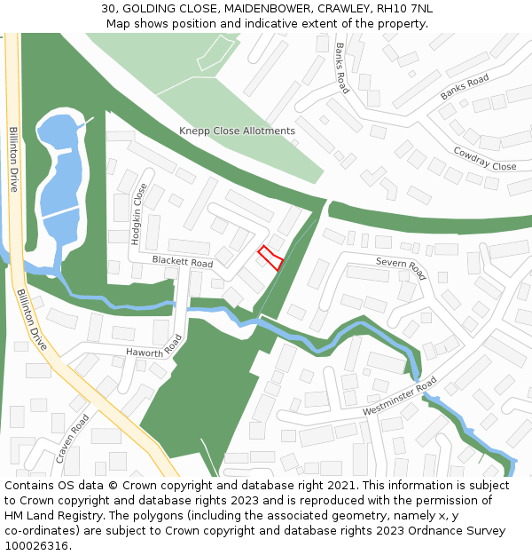 30, GOLDING CLOSE, MAIDENBOWER, CRAWLEY, RH10 7NL: Location map and indicative extent of plot