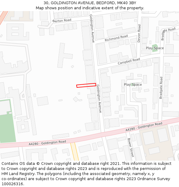 30, GOLDINGTON AVENUE, BEDFORD, MK40 3BY: Location map and indicative extent of plot