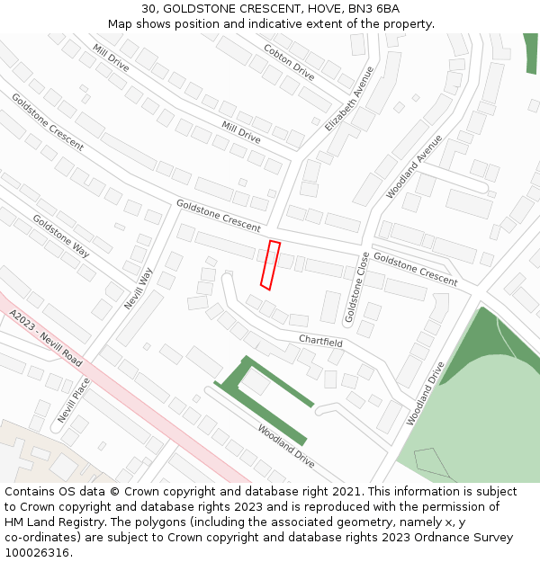 30, GOLDSTONE CRESCENT, HOVE, BN3 6BA: Location map and indicative extent of plot