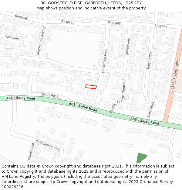 30, GOOSEFIELD RISE, GARFORTH, LEEDS, LS25 1BY: Location map and indicative extent of plot