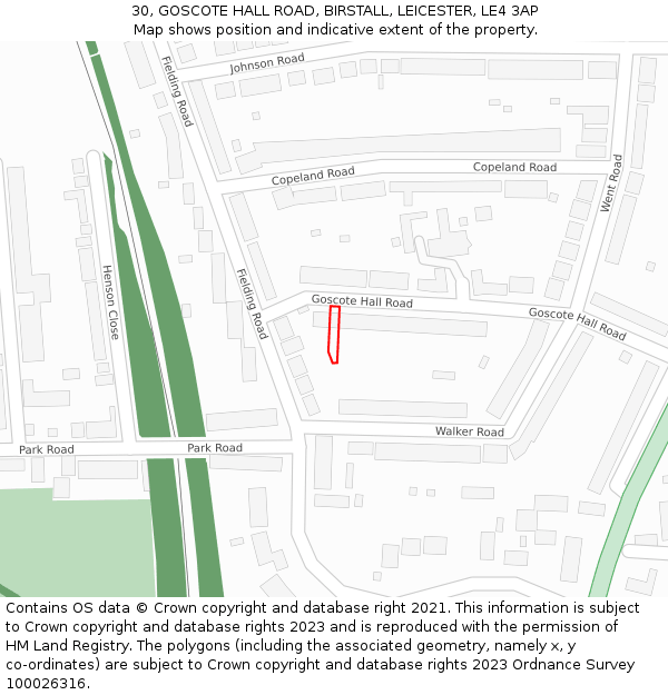 30, GOSCOTE HALL ROAD, BIRSTALL, LEICESTER, LE4 3AP: Location map and indicative extent of plot