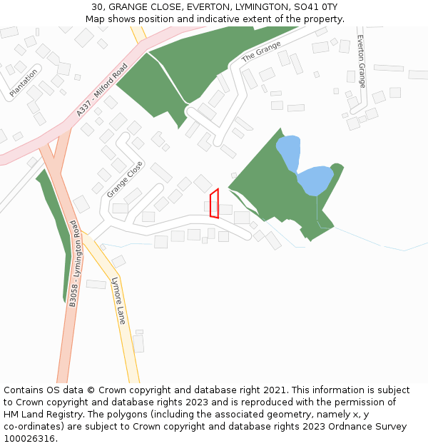 30, GRANGE CLOSE, EVERTON, LYMINGTON, SO41 0TY: Location map and indicative extent of plot