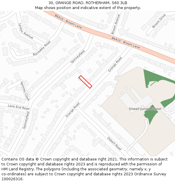 30, GRANGE ROAD, ROTHERHAM, S60 3LB: Location map and indicative extent of plot