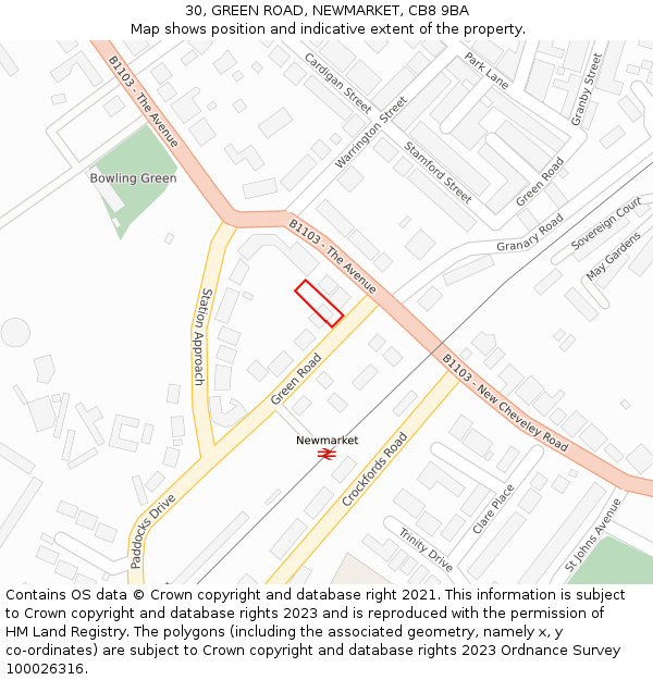 30, GREEN ROAD, NEWMARKET, CB8 9BA: Location map and indicative extent of plot