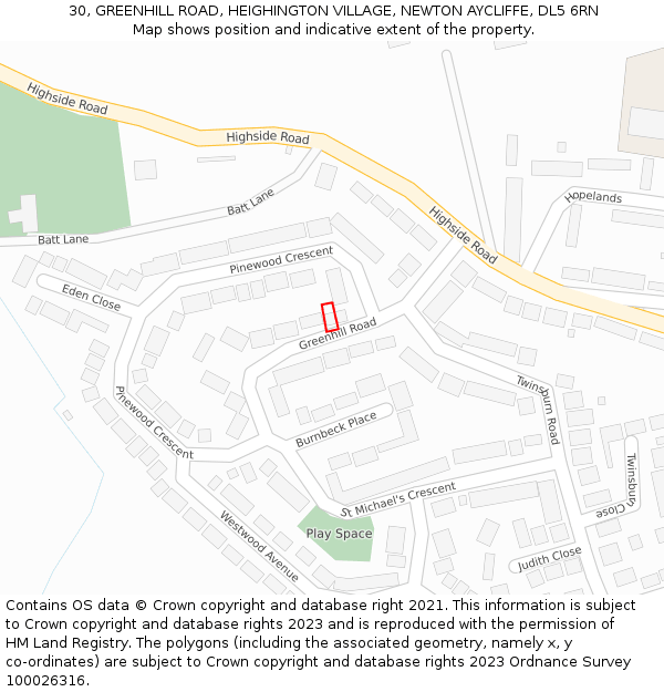 30, GREENHILL ROAD, HEIGHINGTON VILLAGE, NEWTON AYCLIFFE, DL5 6RN: Location map and indicative extent of plot