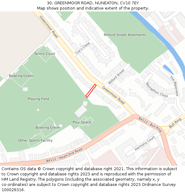 30, GREENMOOR ROAD, NUNEATON, CV10 7EY: Location map and indicative extent of plot