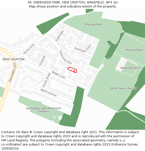 30, GREENSIDE PARK, NEW CROFTON, WAKEFIELD, WF4 1JU: Location map and indicative extent of plot