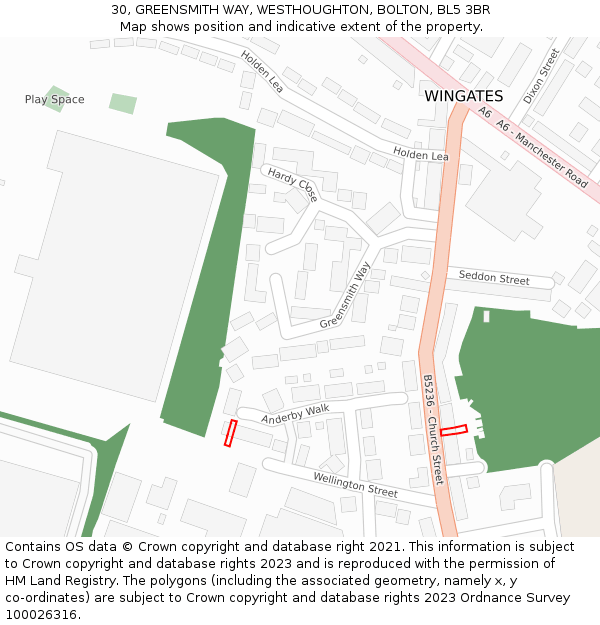 30, GREENSMITH WAY, WESTHOUGHTON, BOLTON, BL5 3BR: Location map and indicative extent of plot