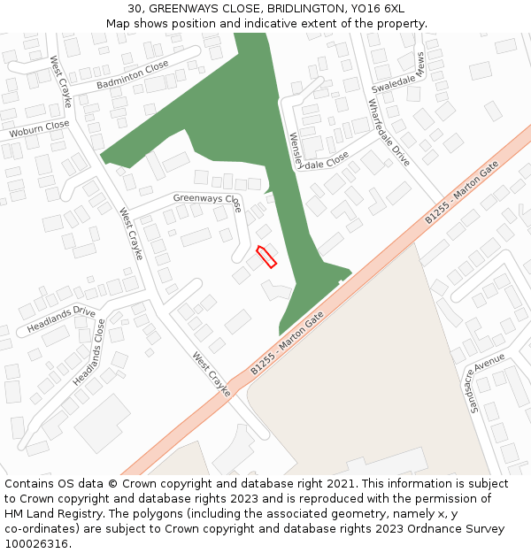 30, GREENWAYS CLOSE, BRIDLINGTON, YO16 6XL: Location map and indicative extent of plot