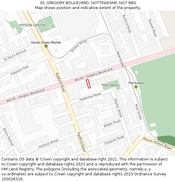 30, GREGORY BOULEVARD, NOTTINGHAM, NG7 6BG: Location map and indicative extent of plot