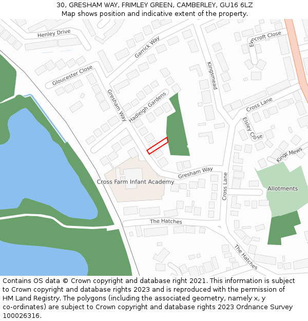 30, GRESHAM WAY, FRIMLEY GREEN, CAMBERLEY, GU16 6LZ: Location map and indicative extent of plot