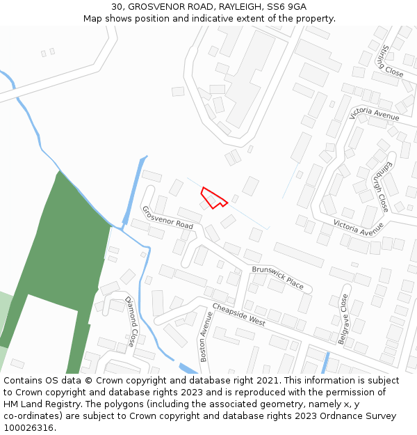 30, GROSVENOR ROAD, RAYLEIGH, SS6 9GA: Location map and indicative extent of plot