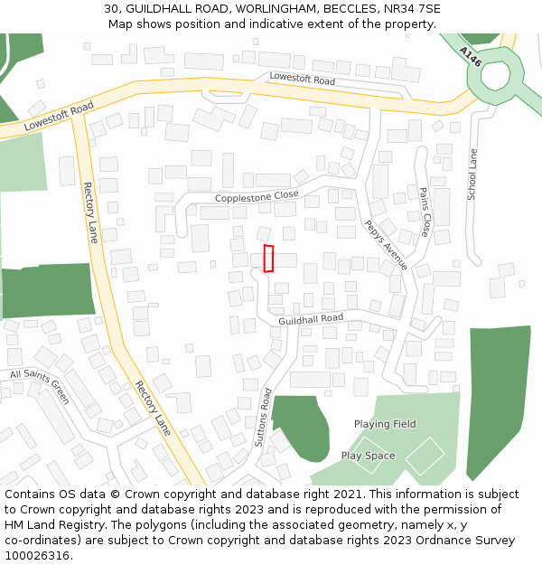 30, GUILDHALL ROAD, WORLINGHAM, BECCLES, NR34 7SE: Location map and indicative extent of plot