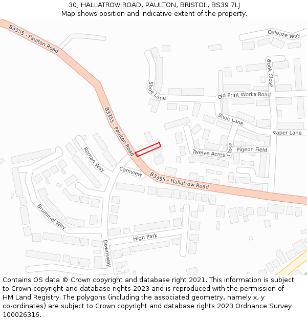 30, HALLATROW ROAD, PAULTON, BRISTOL, BS39 7LJ: Location map and indicative extent of plot