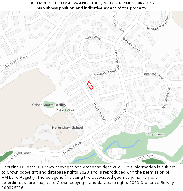 30, HAREBELL CLOSE, WALNUT TREE, MILTON KEYNES, MK7 7BA: Location map and indicative extent of plot