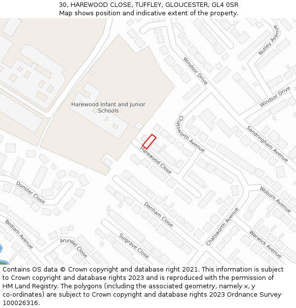 30, HAREWOOD CLOSE, TUFFLEY, GLOUCESTER, GL4 0SR: Location map and indicative extent of plot
