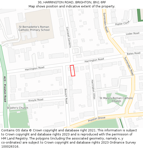 30, HARRINGTON ROAD, BRIGHTON, BN1 6RF: Location map and indicative extent of plot