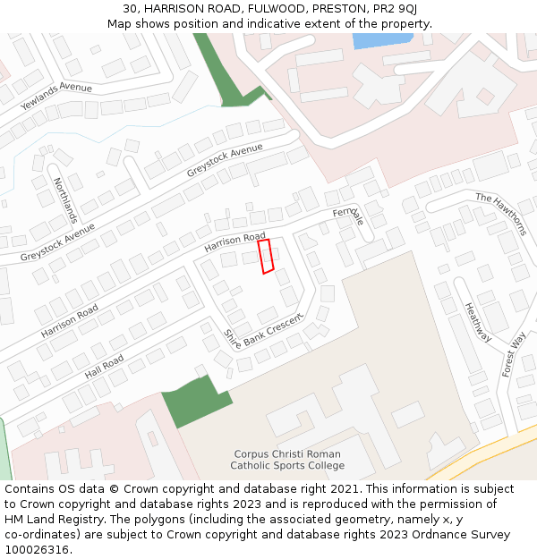 30, HARRISON ROAD, FULWOOD, PRESTON, PR2 9QJ: Location map and indicative extent of plot