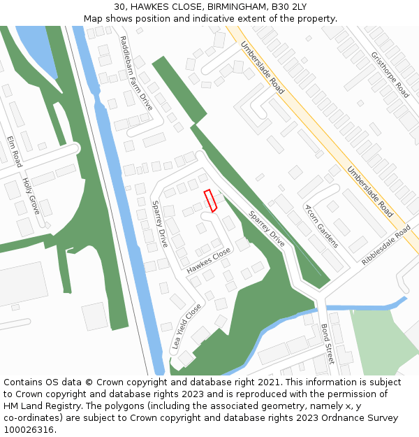 30, HAWKES CLOSE, BIRMINGHAM, B30 2LY: Location map and indicative extent of plot