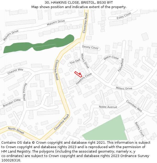 30, HAWKINS CLOSE, BRISTOL, BS30 8YT: Location map and indicative extent of plot