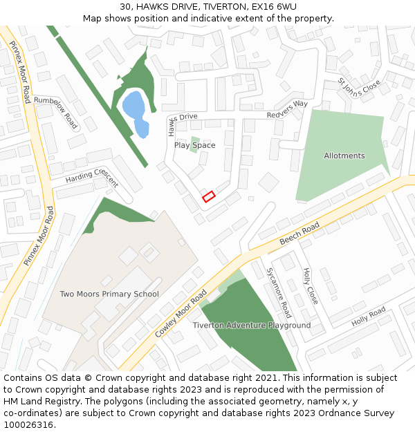 30, HAWKS DRIVE, TIVERTON, EX16 6WU: Location map and indicative extent of plot