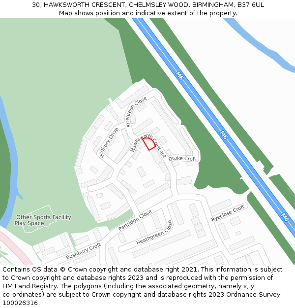 30, HAWKSWORTH CRESCENT, CHELMSLEY WOOD, BIRMINGHAM, B37 6UL: Location map and indicative extent of plot