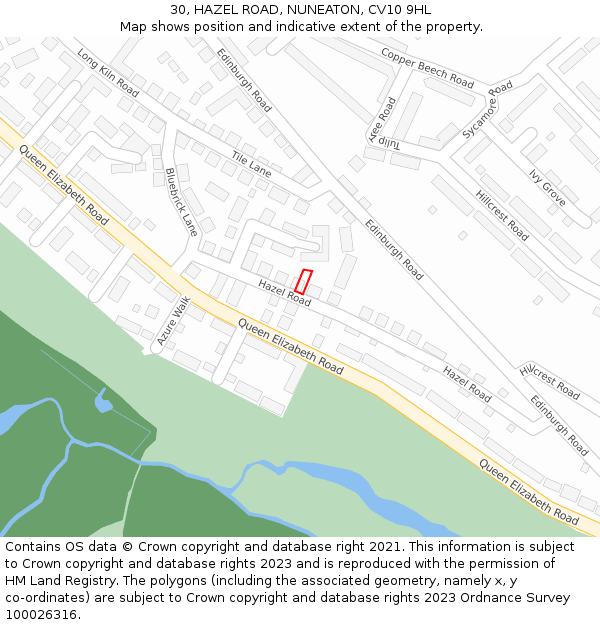 30, HAZEL ROAD, NUNEATON, CV10 9HL: Location map and indicative extent of plot