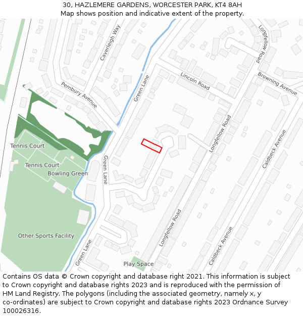 30, HAZLEMERE GARDENS, WORCESTER PARK, KT4 8AH: Location map and indicative extent of plot