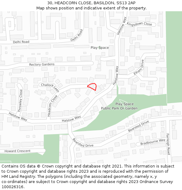 30, HEADCORN CLOSE, BASILDON, SS13 2AP: Location map and indicative extent of plot