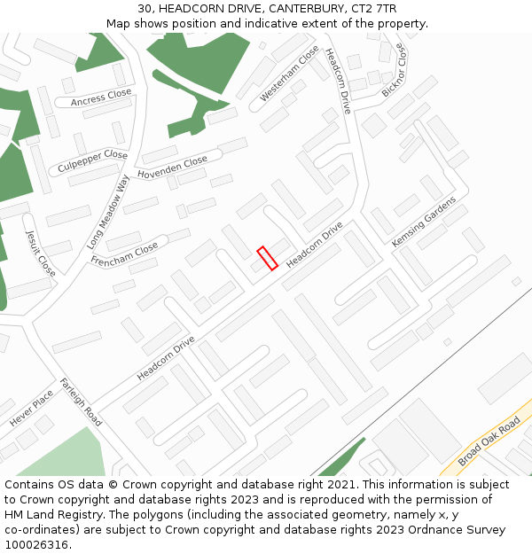 30, HEADCORN DRIVE, CANTERBURY, CT2 7TR: Location map and indicative extent of plot