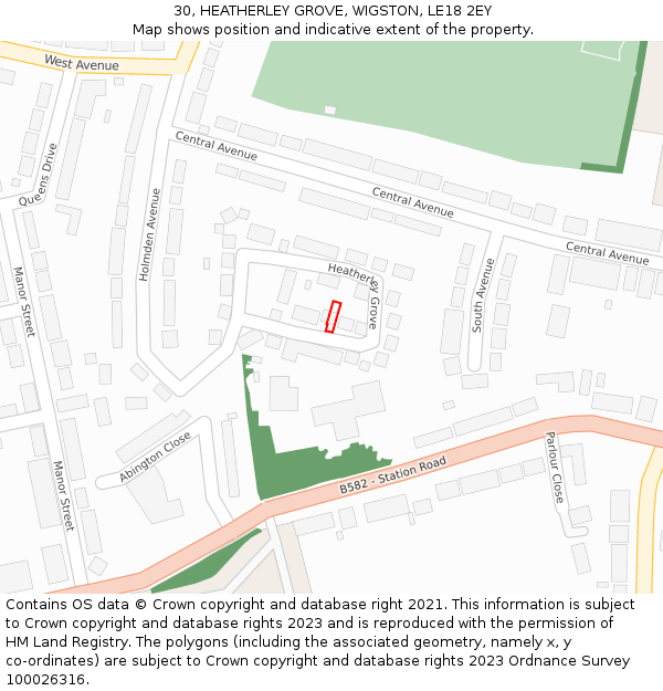 30, HEATHERLEY GROVE, WIGSTON, LE18 2EY: Location map and indicative extent of plot