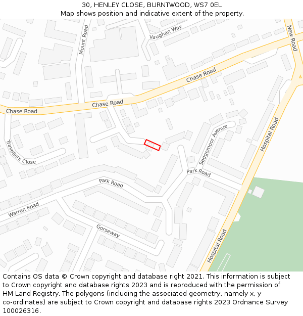 30, HENLEY CLOSE, BURNTWOOD, WS7 0EL: Location map and indicative extent of plot