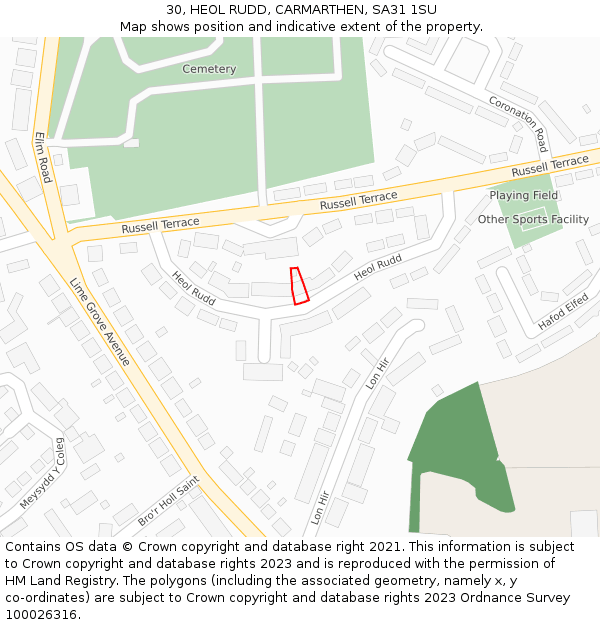 30, HEOL RUDD, CARMARTHEN, SA31 1SU: Location map and indicative extent of plot