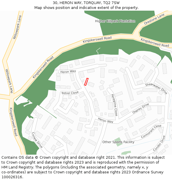 30, HERON WAY, TORQUAY, TQ2 7SW: Location map and indicative extent of plot