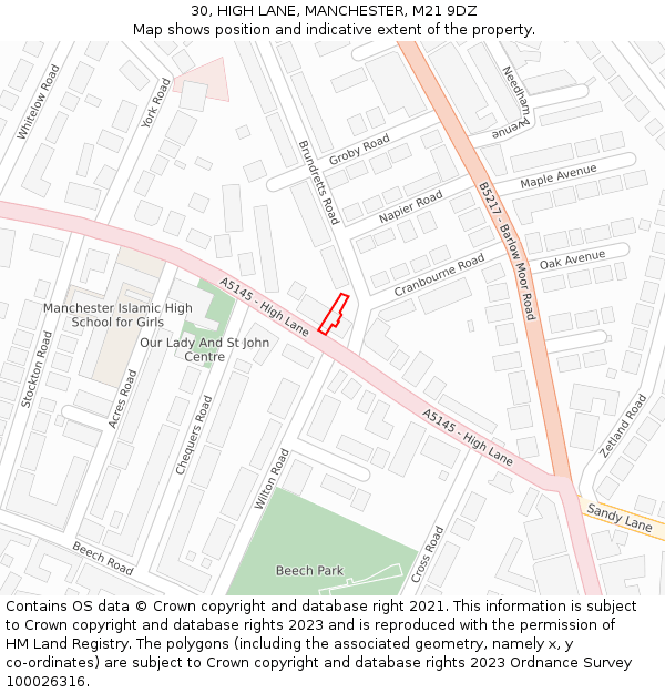 30, HIGH LANE, MANCHESTER, M21 9DZ: Location map and indicative extent of plot