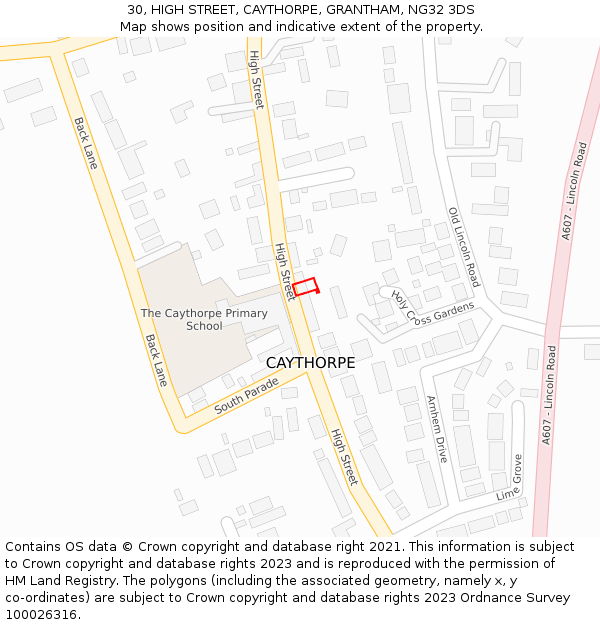 30, HIGH STREET, CAYTHORPE, GRANTHAM, NG32 3DS: Location map and indicative extent of plot