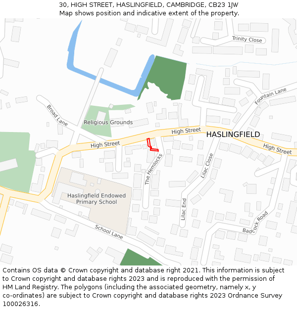 30, HIGH STREET, HASLINGFIELD, CAMBRIDGE, CB23 1JW: Location map and indicative extent of plot