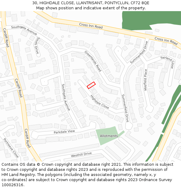 30, HIGHDALE CLOSE, LLANTRISANT, PONTYCLUN, CF72 8QE: Location map and indicative extent of plot