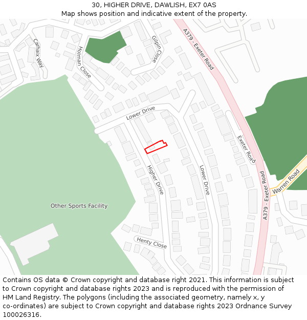 30, HIGHER DRIVE, DAWLISH, EX7 0AS: Location map and indicative extent of plot