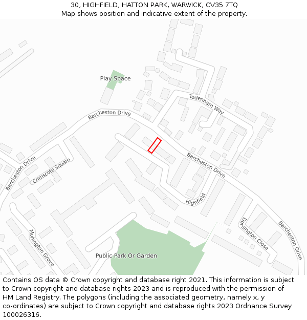 30, HIGHFIELD, HATTON PARK, WARWICK, CV35 7TQ: Location map and indicative extent of plot