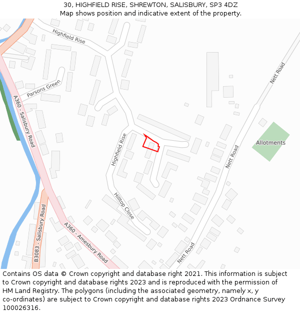 30, HIGHFIELD RISE, SHREWTON, SALISBURY, SP3 4DZ: Location map and indicative extent of plot