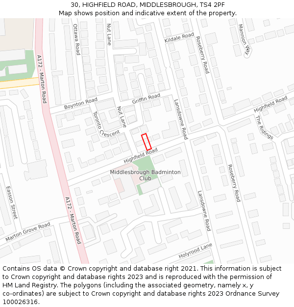 30, HIGHFIELD ROAD, MIDDLESBROUGH, TS4 2PF: Location map and indicative extent of plot