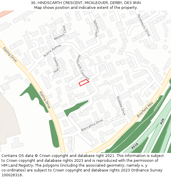 30, HINDSCARTH CRESCENT, MICKLEOVER, DERBY, DE3 9NN: Location map and indicative extent of plot