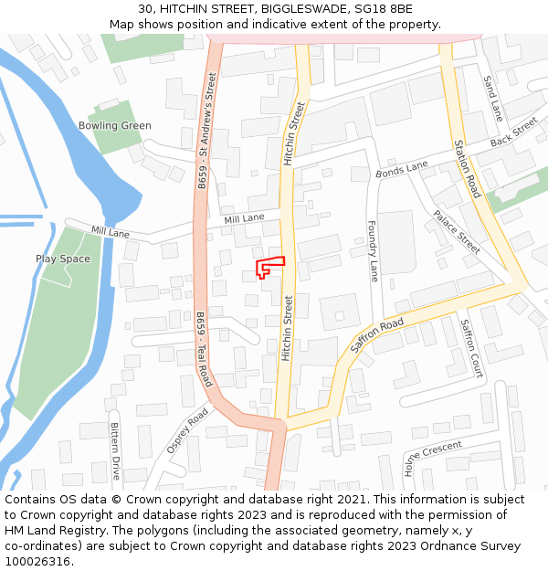 30, HITCHIN STREET, BIGGLESWADE, SG18 8BE: Location map and indicative extent of plot